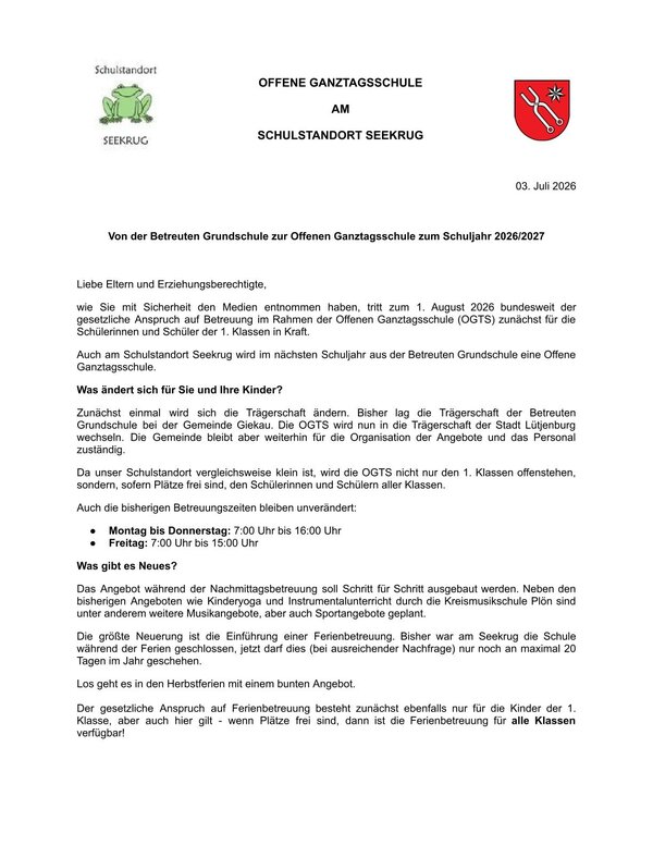 Bild vergr&ouml;&szlig;ern: Elternbrief Betreute Grundschule zur OGTS