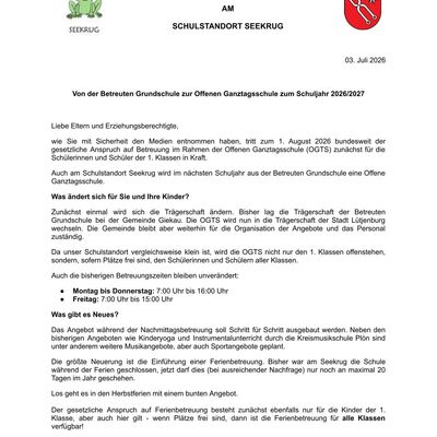 Elternbrief Betreute Grundschule zur OGTS