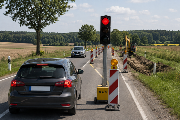Baustelle auf einer Landstraße außerhalb eines Dorfes: Ein Auto wartet an einer roten Baustellenampel, während ein entgegenkommendes Auto die einspurige Fahrbahn passiert. Warnbaken, ein Bagger und Felder prägen die ländliche Umgebung.