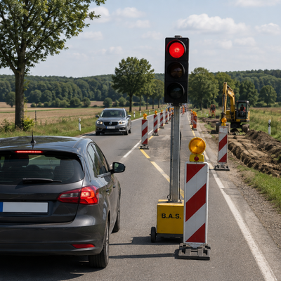 Baustelle auf einer Landstraße außerhalb eines Dorfes: Ein Auto wartet an einer roten Baustellenampel, während ein entgegenkommendes Auto die einspurige Fahrbahn passiert. Warnbaken, ein Bagger und Felder prägen die ländliche Umgebung.